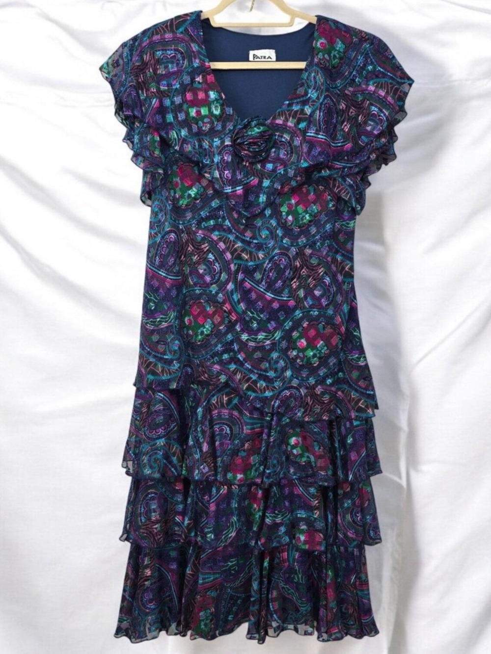 Patra Vintage 80’s 90’s Navy Paisley Ruffle-Tiered Midi Dress